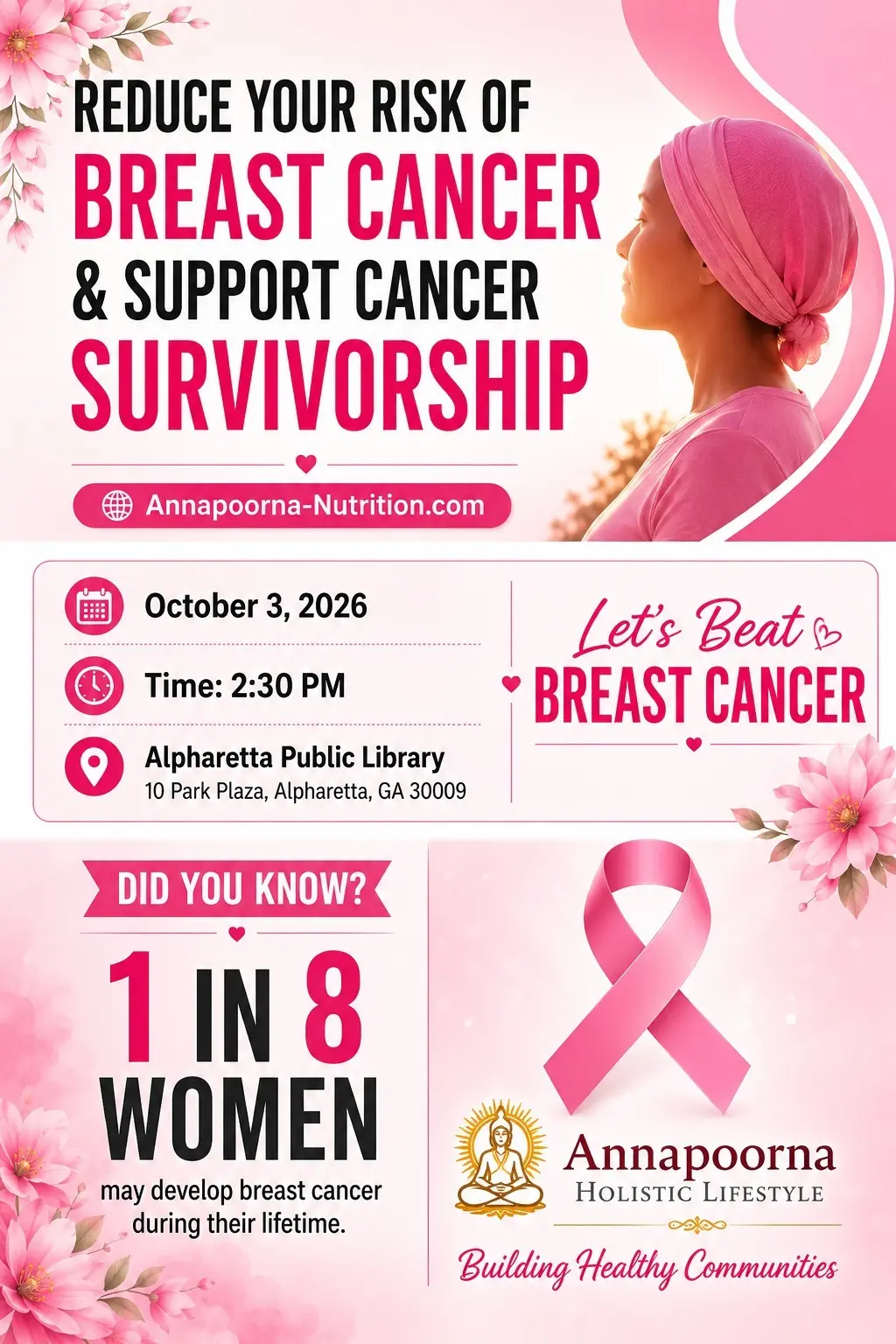 Let’s Beat Breast Cancer Together event flyer for October 3, 2026 at Alpharetta Public Library