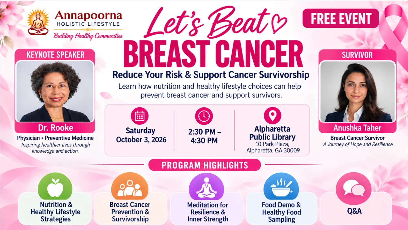 October 3, 2026 Let’s Beat Breast Cancer event at Alpharetta Public Library, featuring Dr. Rooke and survivor Anushka Taher