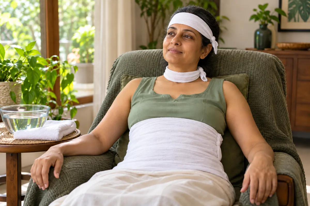 Illustration of a woman resting awake with wet cotton strips secured around her forehead and neck and one broad continuous wrap around her entire abdomen.