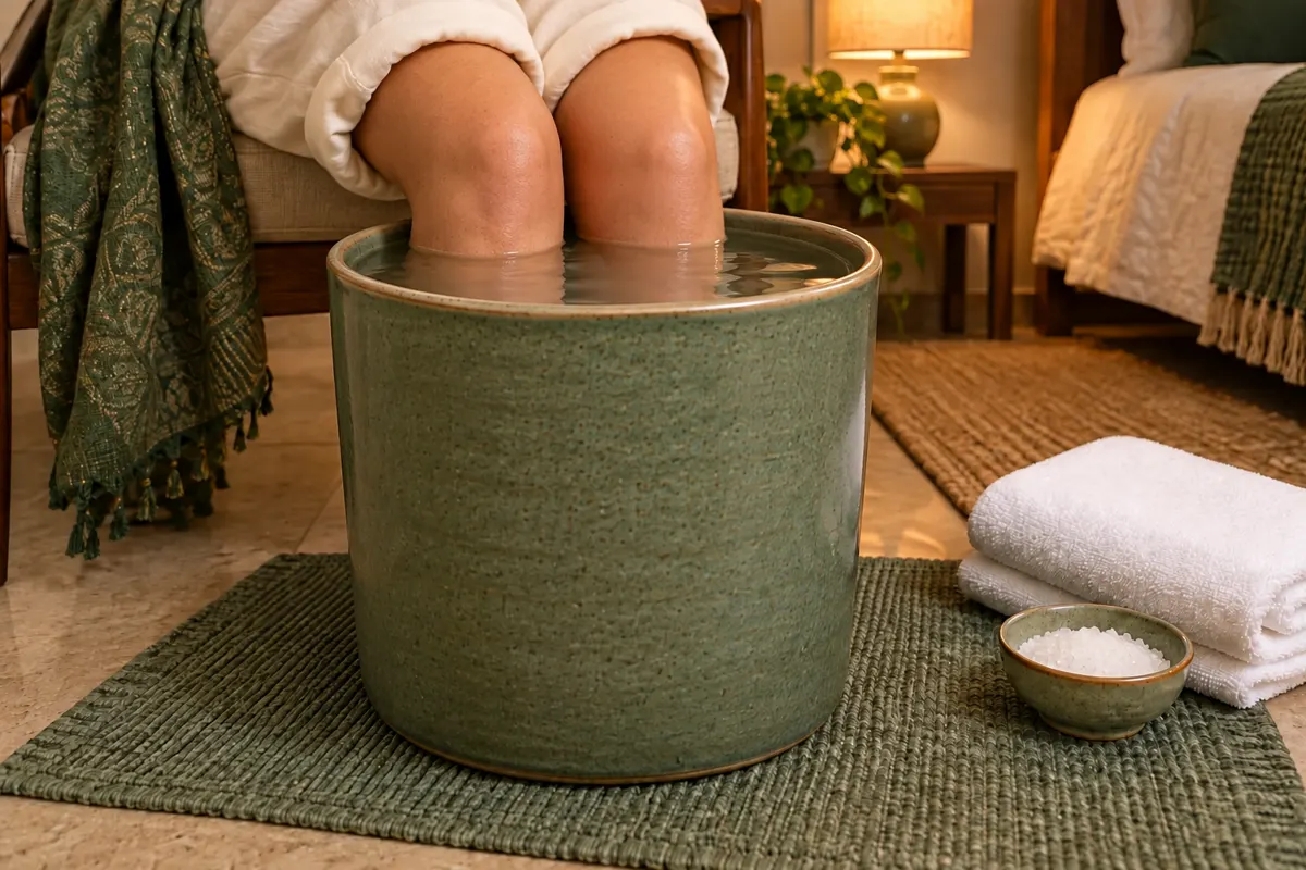 Feet and calves fully immersed in a tall bucket with water just below the knees, beside a towel and optional Epsom salt.