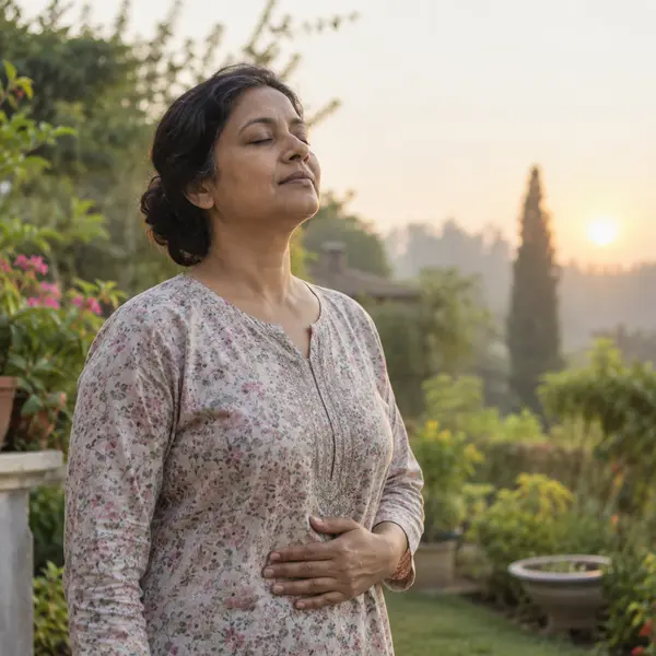 A woman practicing slow breathing outdoors at sunrise