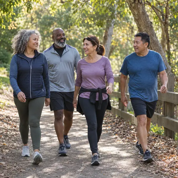 A diverse group of adults walking together on a leafy trail