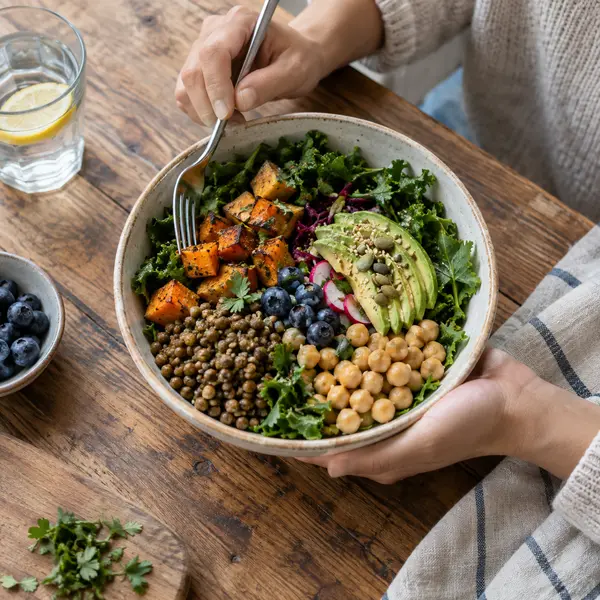 A colorful whole-food bowl with lentils, chickpeas, greens and vegetables